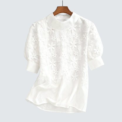 Riwanon Short Sleeve Stand Collar Lace Blouse