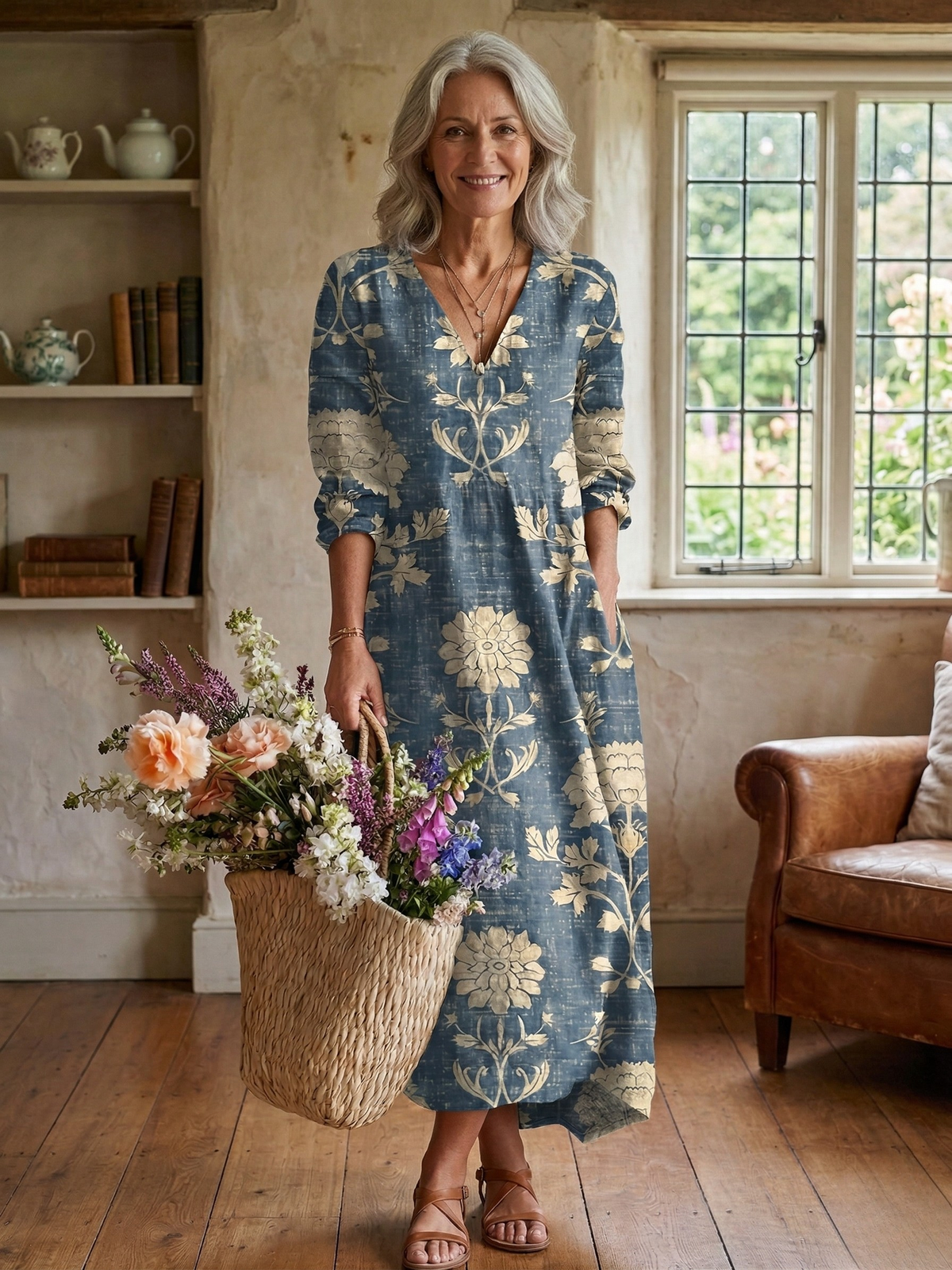 Ferrande Floral V-Neck Midi Dress with Pockets