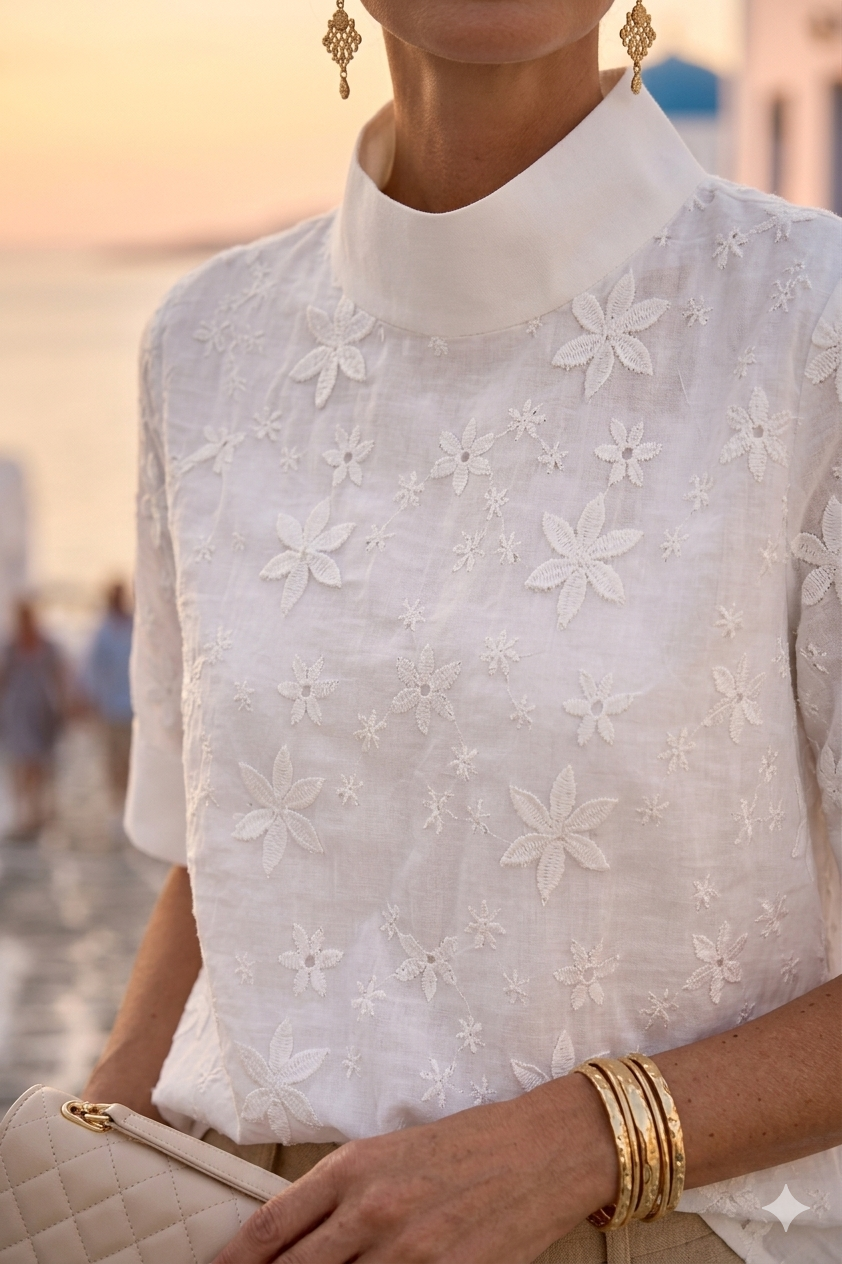 Riwanon Short Sleeve Stand Collar Lace Blouse