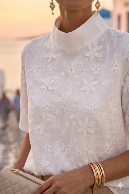 Riwanon Short Sleeve Stand Collar Lace Blouse