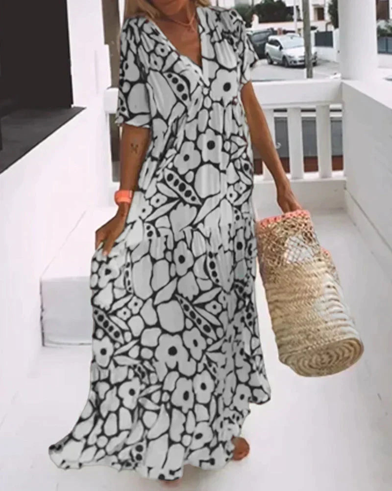 Ornella V-Neck Maxi Dress with Abstract Print
