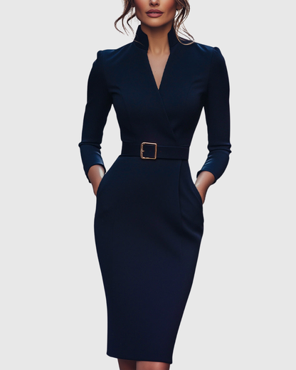 Onenn Belted V-Neck Long Sleeve Midi Dress