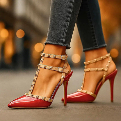 Dardane Studded Pointed Toe Ankle Strap Heels