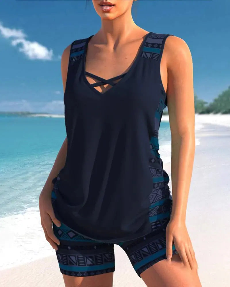 Emelisse V-Neck Tankini Set with Geometric Shorts