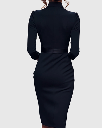 Onenn Belted V-Neck Long Sleeve Midi Dress