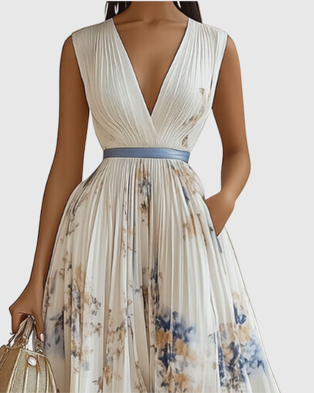 Belisa Pleated Maxi Dress with V-Neck