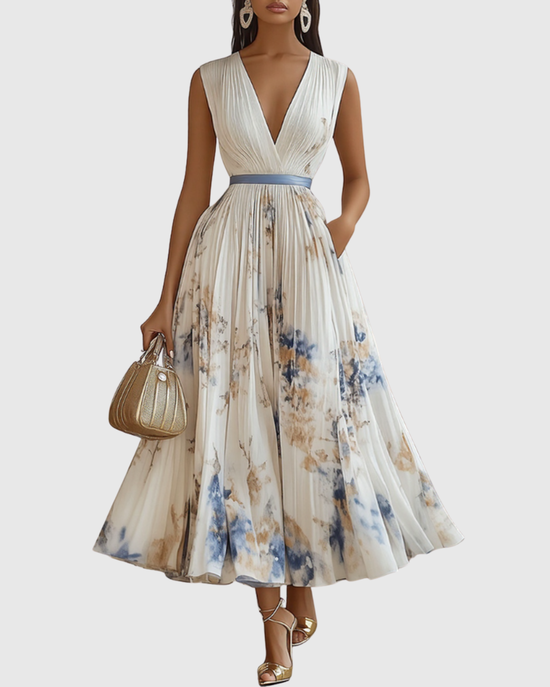 Belisa Pleated Maxi Dress with V-Neck