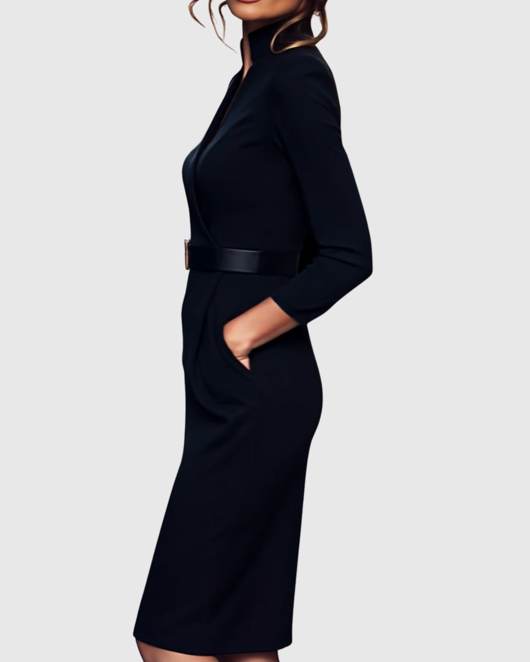 Onenn Belted V-Neck Long Sleeve Midi Dress