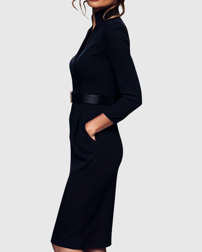 Onenn Belted V-Neck Long Sleeve Midi Dress