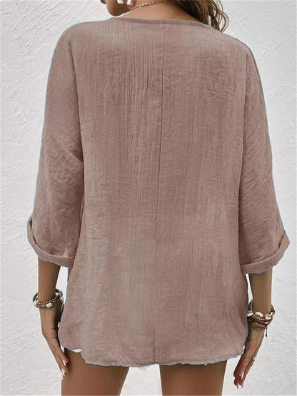 Edeline V-Neck Button-Front Long Sleeve Blouse