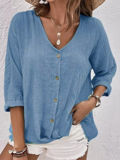 Edeline V-Neck Button-Front Long Sleeve Blouse