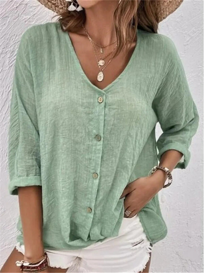 Edeline V-Neck Button-Front Long Sleeve Blouse