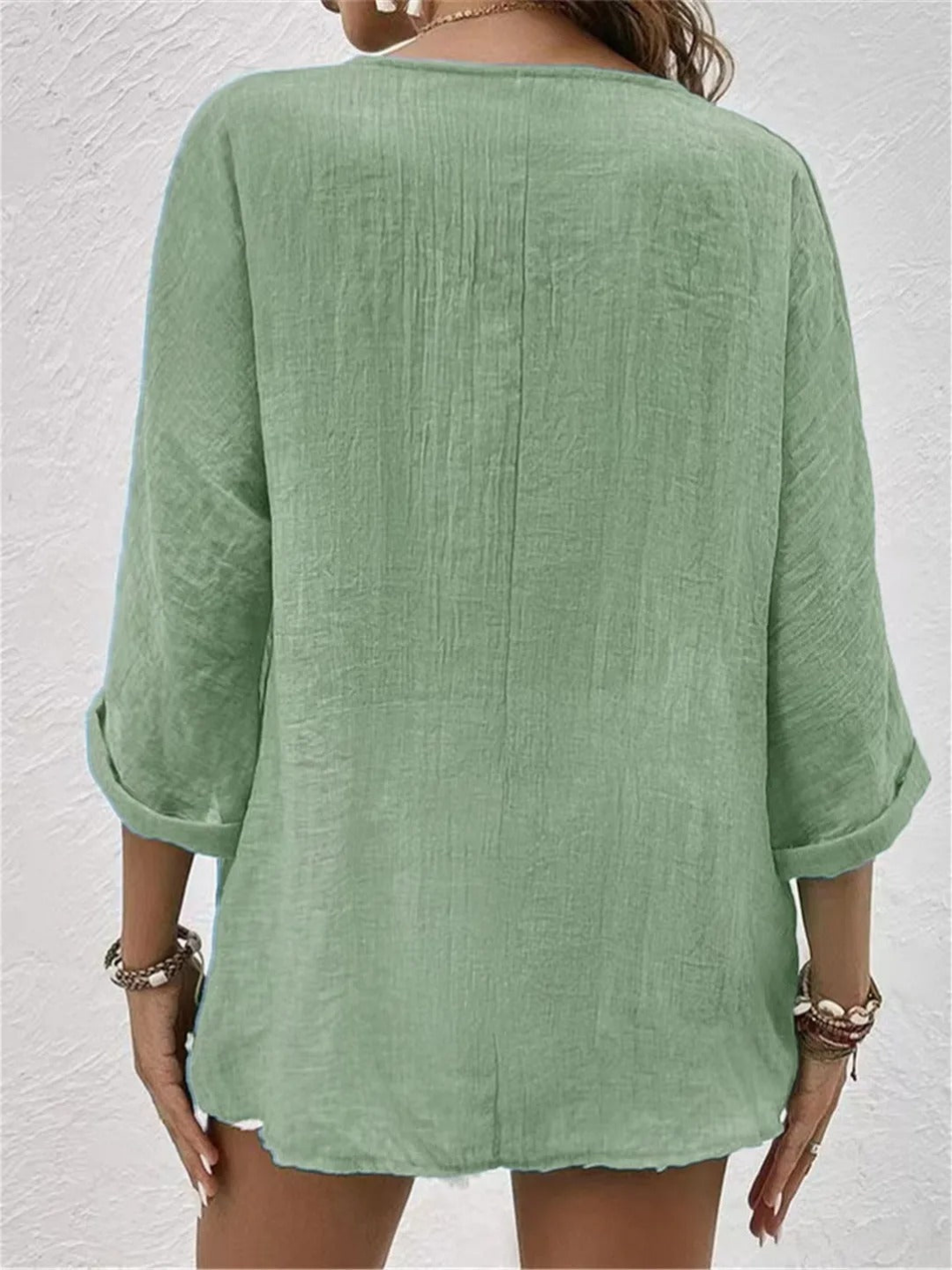 Edeline V-Neck Button-Front Long Sleeve Blouse