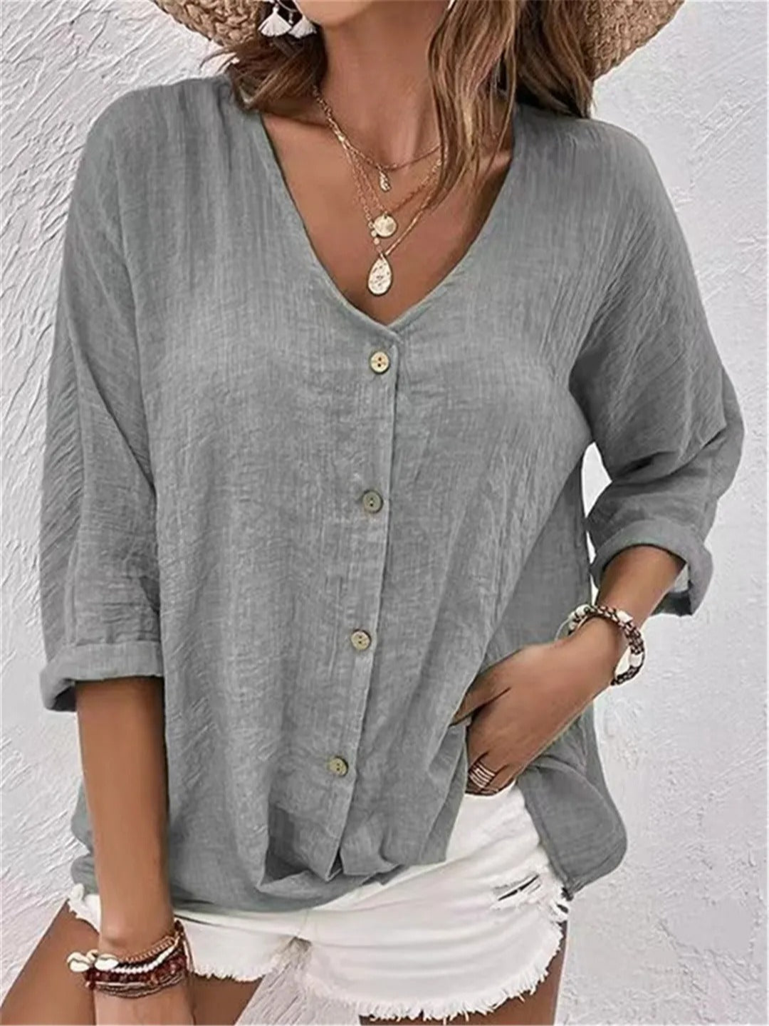 Edeline V-Neck Button-Front Long Sleeve Blouse
