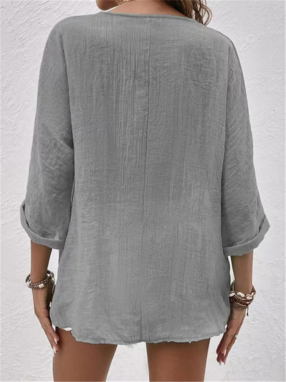 Edeline V-Neck Button-Front Long Sleeve Blouse