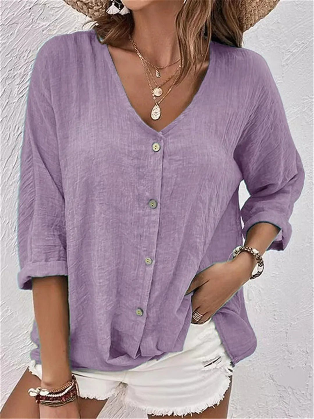 Edeline V-Neck Button-Front Long Sleeve Blouse