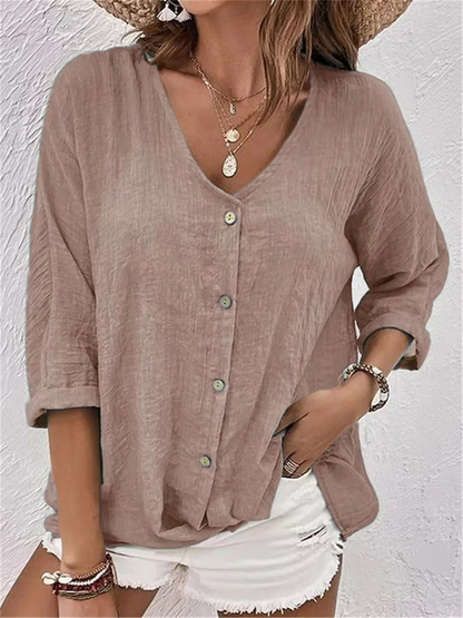 Edeline V-Neck Button-Front Long Sleeve Blouse