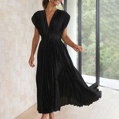 Anahit Wedding Guest Pleated Midi Dress with V-Neck