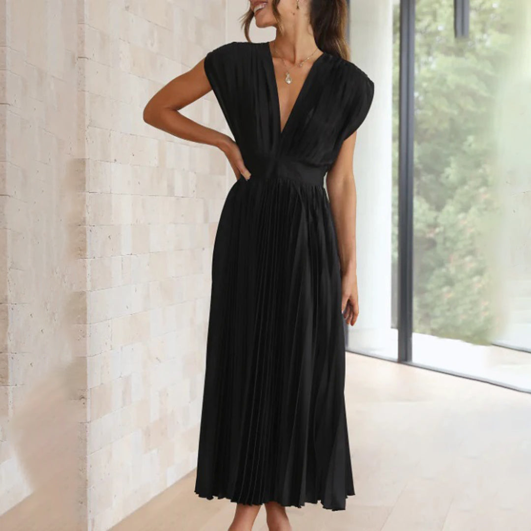 Anahit Wedding Guest Pleated Midi Dress with V-Neck