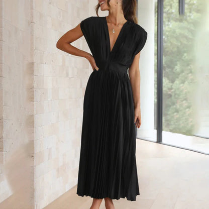 Anahit Wedding Guest Pleated Midi Dress with V-Neck