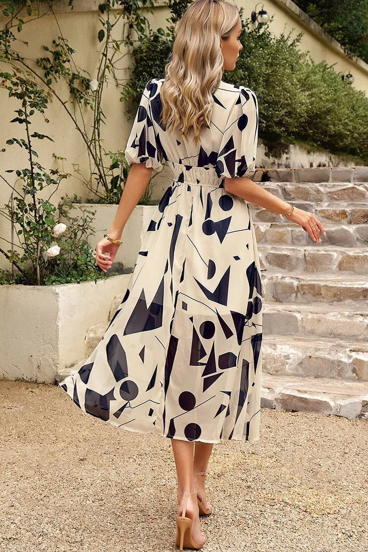 Jehanine Floral V-Neck Puff Sleeve Midi Dress