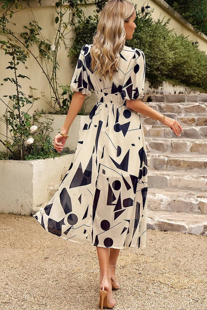 Jehanine Floral V-Neck Puff Sleeve Midi Dress