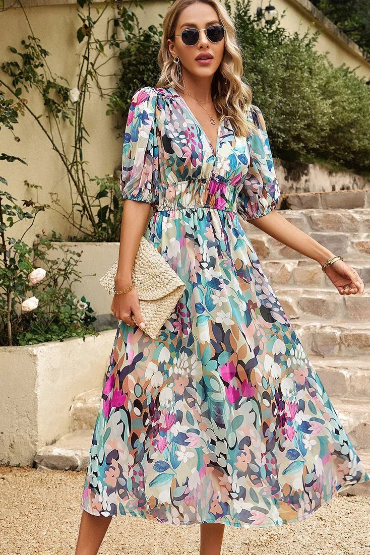 Jehanine Floral V-Neck Puff Sleeve Midi Dress
