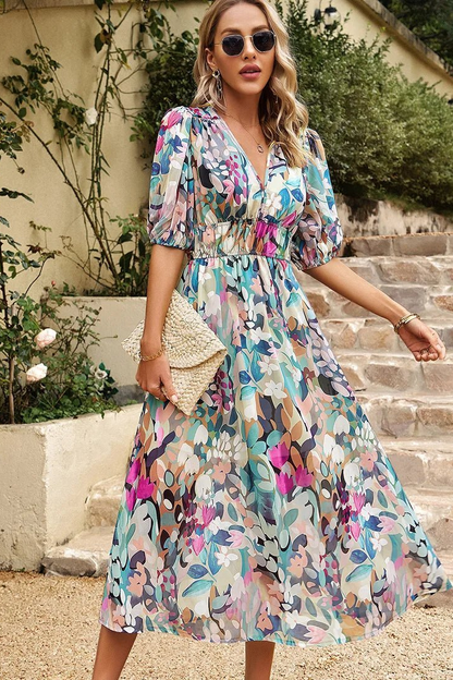 Jehanine Floral V-Neck Puff Sleeve Midi Dress