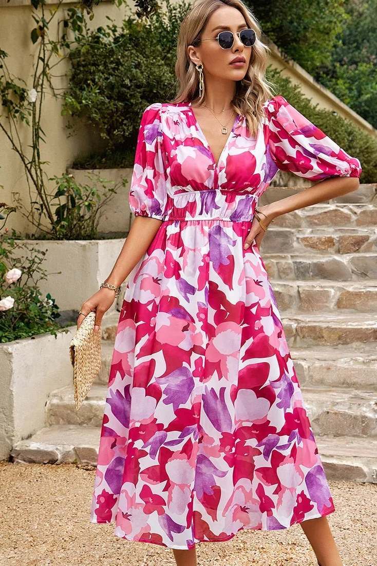 Jehanine Floral V-Neck Puff Sleeve Midi Dress