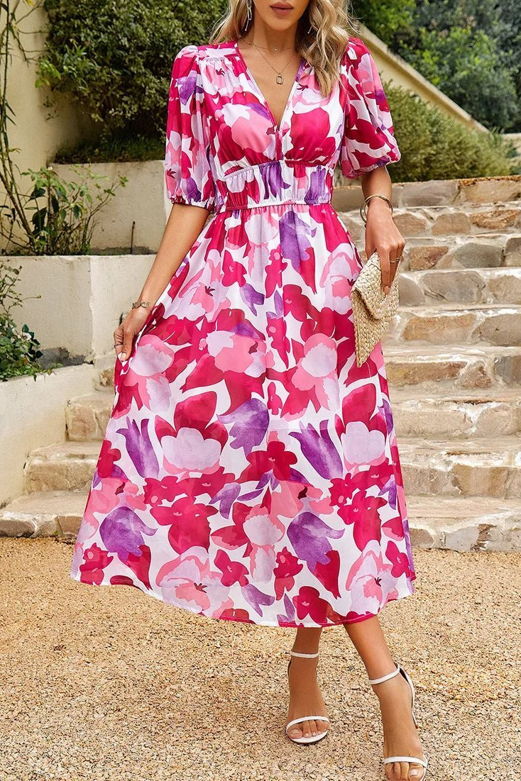 Jehanine Floral V-Neck Puff Sleeve Midi Dress