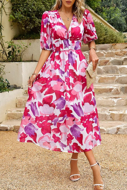 Jehanine Floral V-Neck Puff Sleeve Midi Dress
