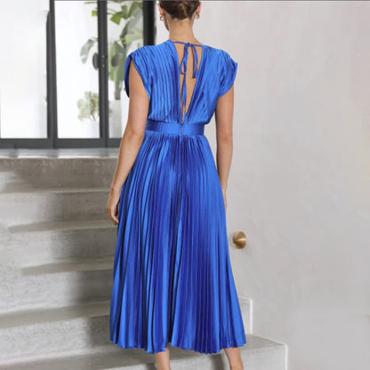Anahit Wedding Guest Pleated Midi Dress with V-Neck