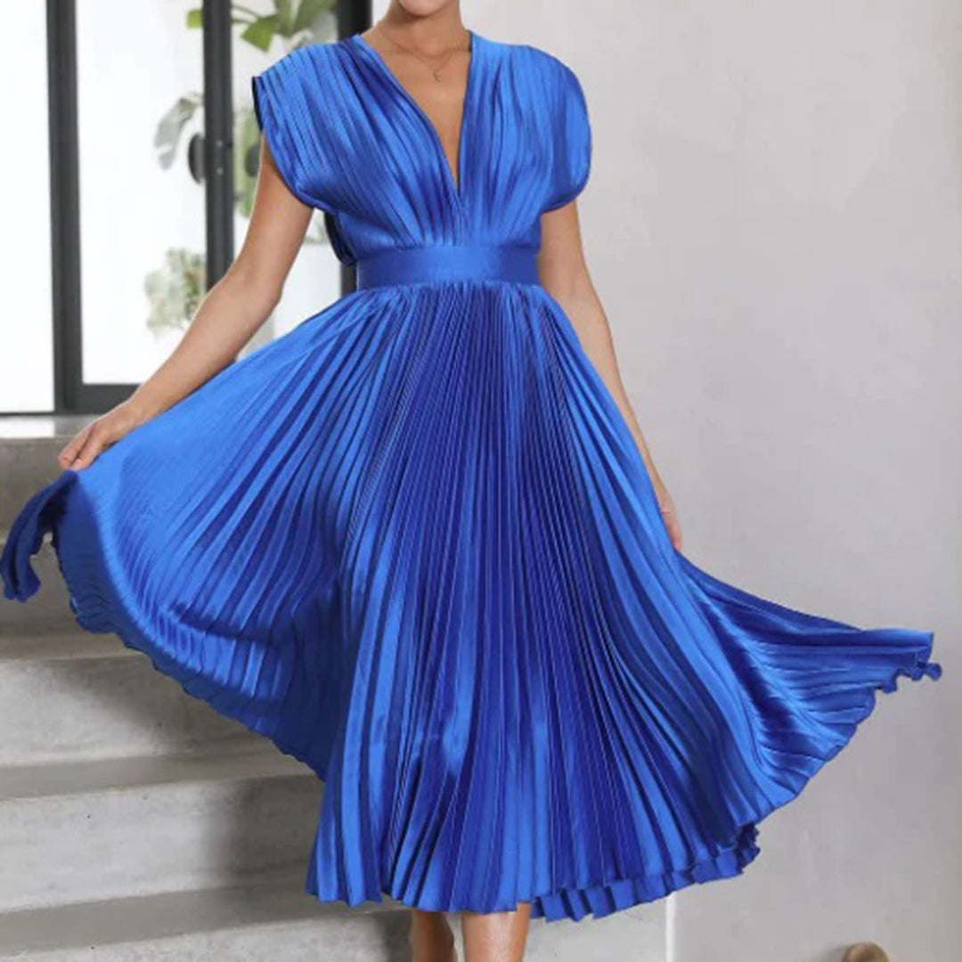 Anahit Wedding Guest Pleated Midi Dress with V-Neck