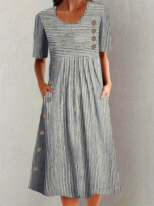 Denise Striped Button-Front A-Line Midi Dress