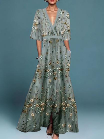 Ismini Floral Maxi Dress with V-Neck
