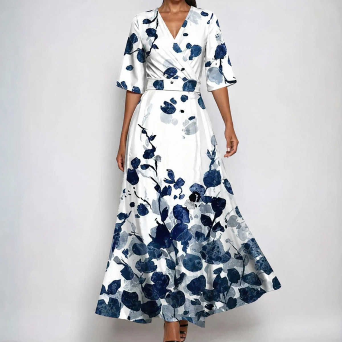 Gislaine V-Neck Belted Floral Maxi Dress