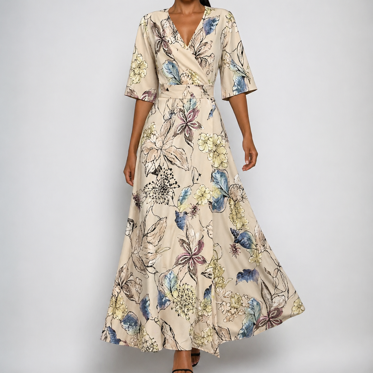 Gislaine V-Neck Belted Floral Maxi Dress