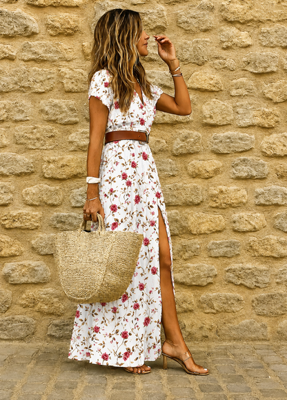 Shizuka Floral Maxi Dress with Short Sleeves and Belted Waist