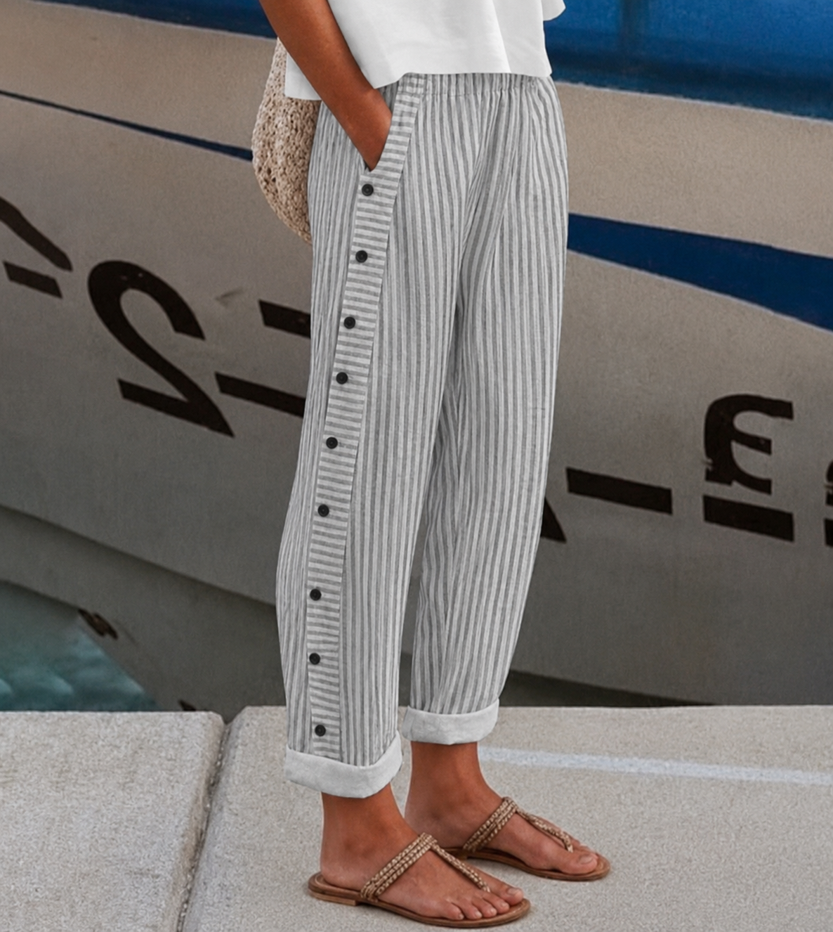 Sachiko Striped Wide Leg Pants with Button Front