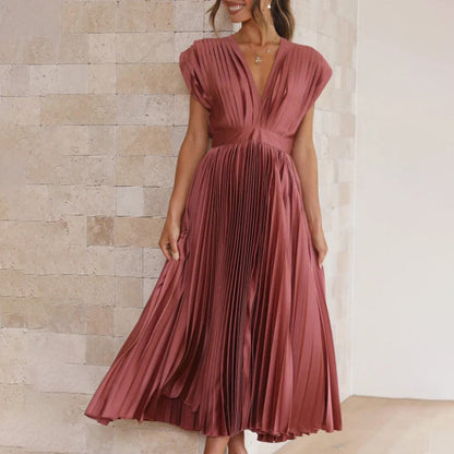 Anahit Wedding Guest Pleated Midi Dress with V-Neck