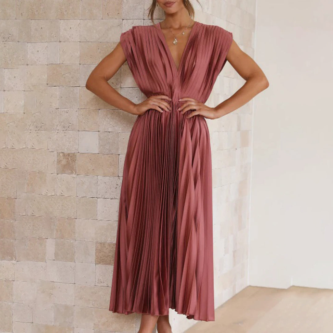 Anahit Wedding Guest Pleated Midi Dress with V-Neck