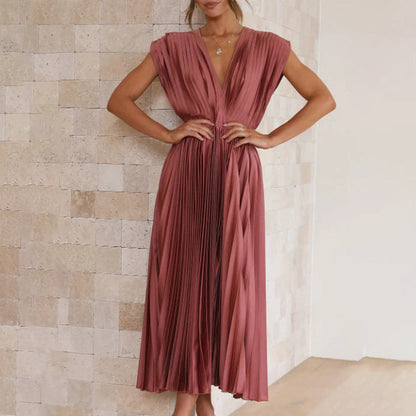 Anahit Wedding Guest Pleated Midi Dress with V-Neck