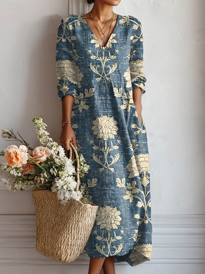Ferrande Floral V-Neck Midi Dress with Pockets