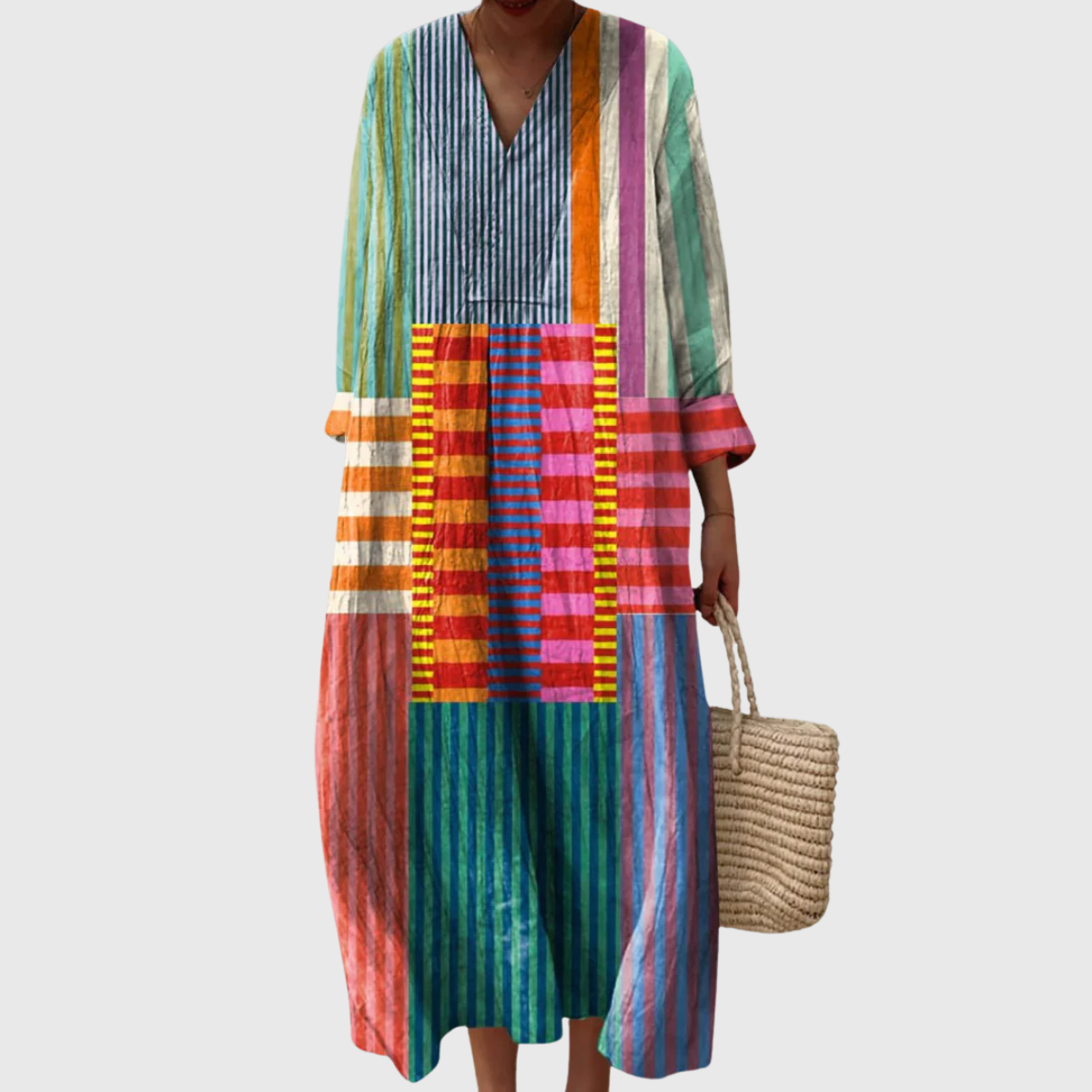 Hodiarde V-Neck Striped Patchwork Midi Dress