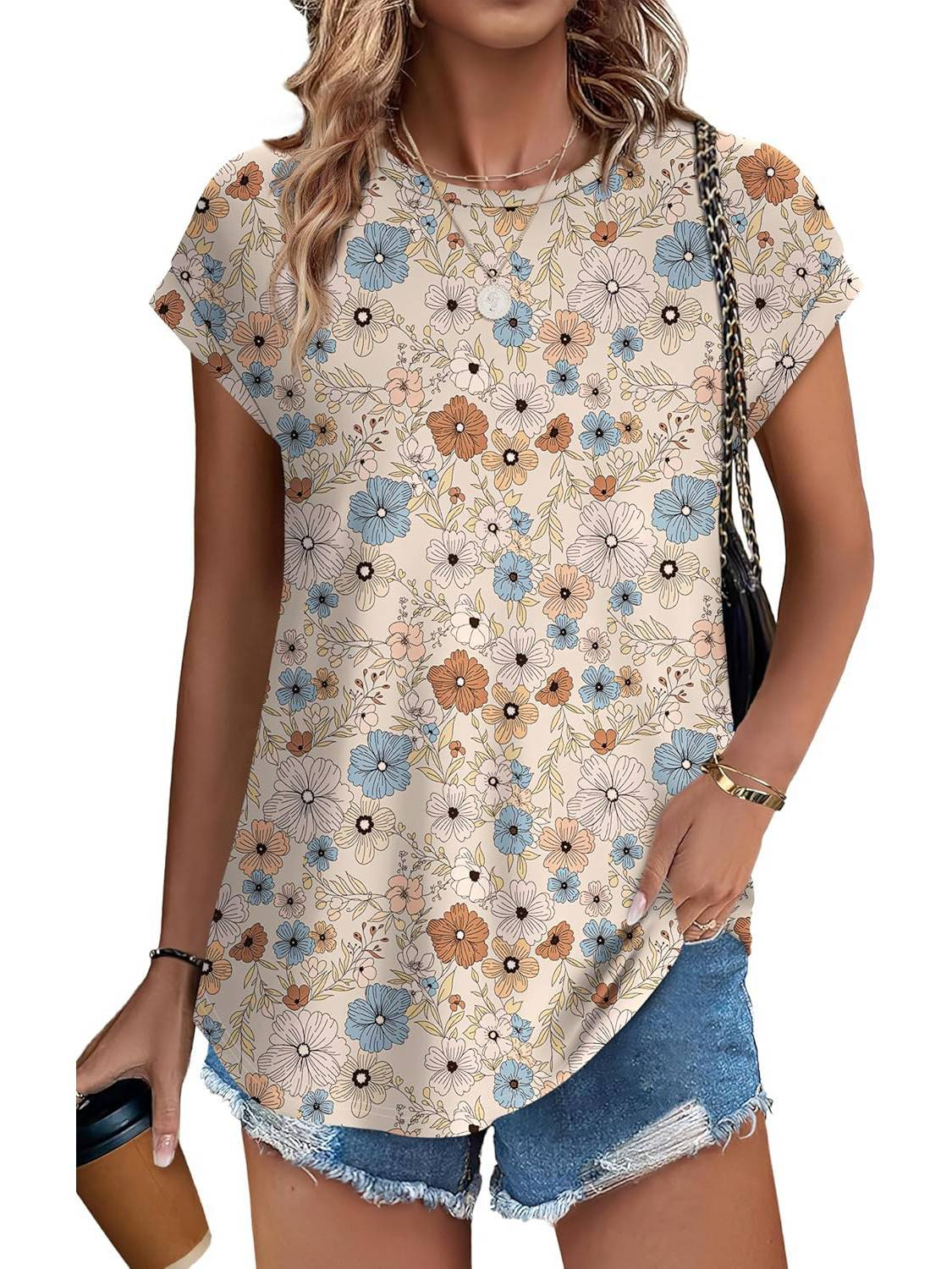 Basilisse Botanical Leaf Print Cap Sleeve Blouse