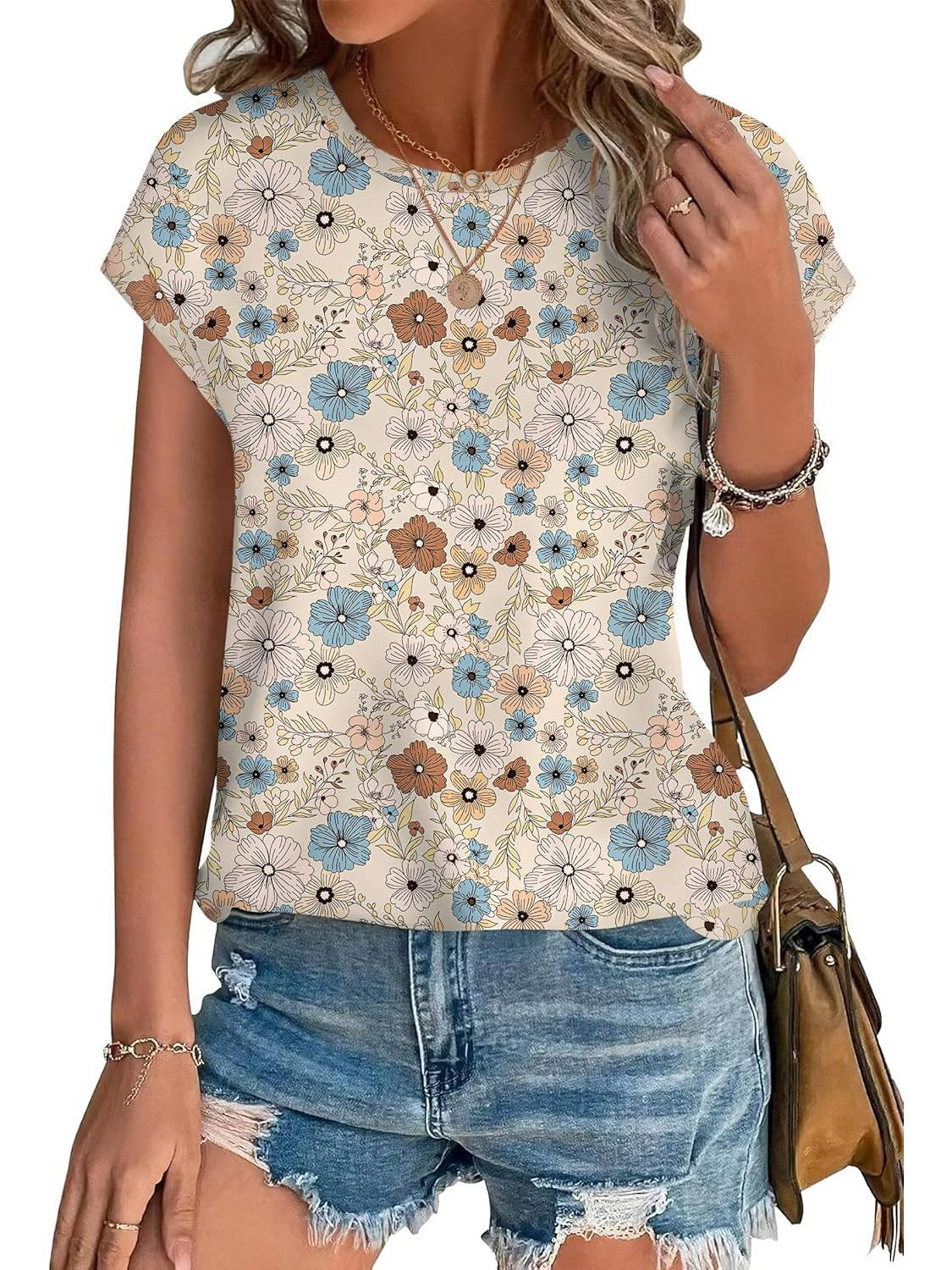 Basilisse Botanical Leaf Print Cap Sleeve Blouse