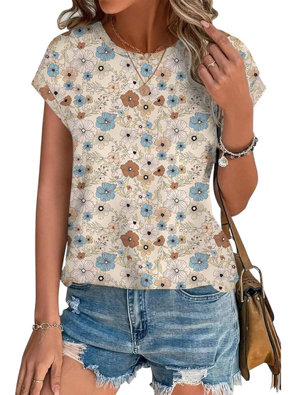 Basilisse Botanical Leaf Print Cap Sleeve Blouse