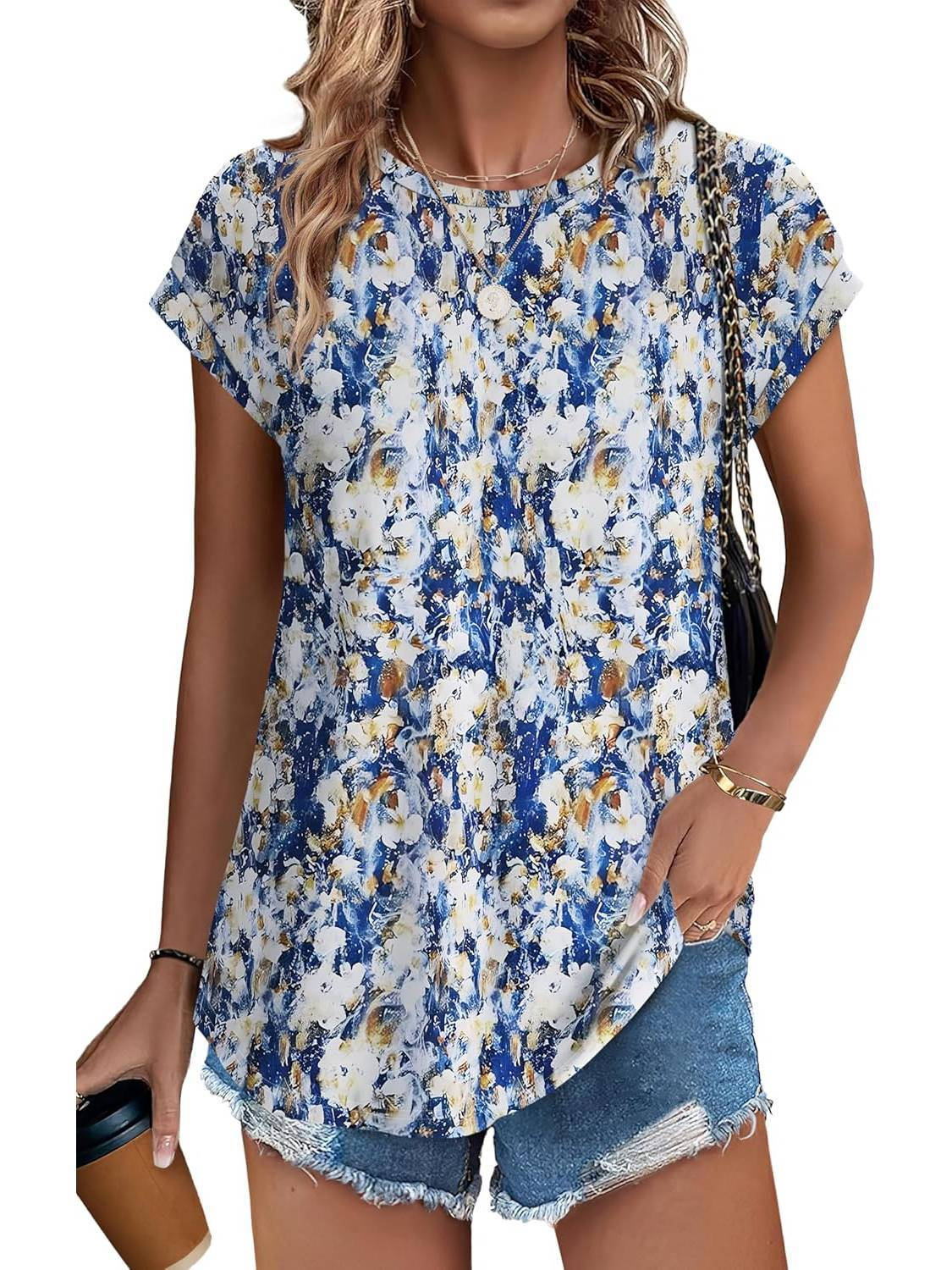 Basilisse Botanical Leaf Print Cap Sleeve Blouse