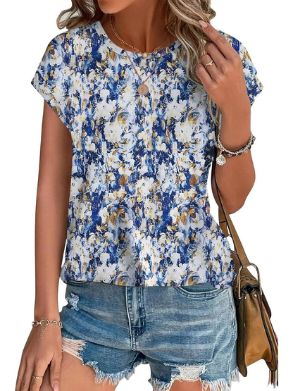 Basilisse Botanical Leaf Print Cap Sleeve Blouse