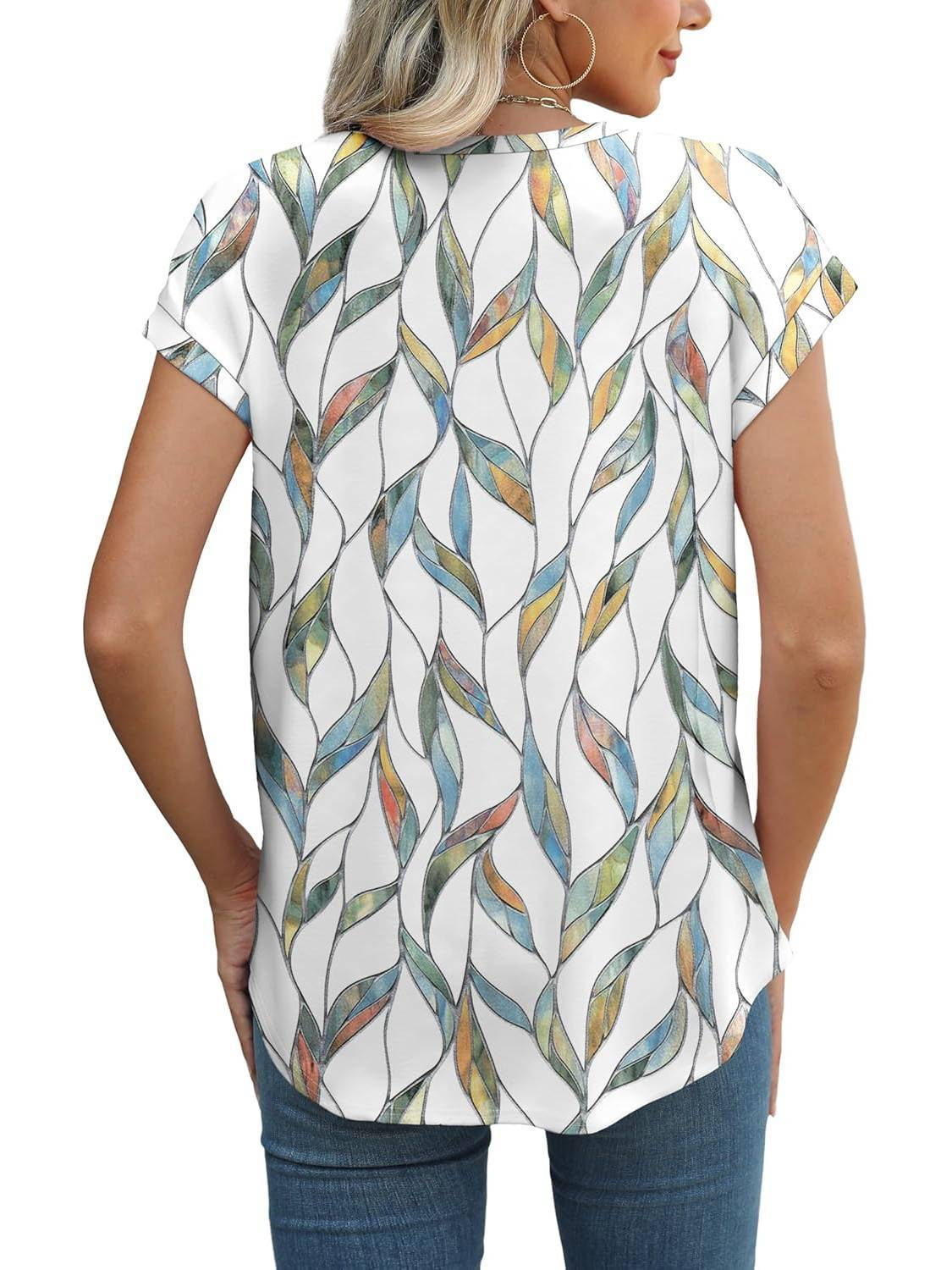 Basilisse Botanical Leaf Print Cap Sleeve Blouse